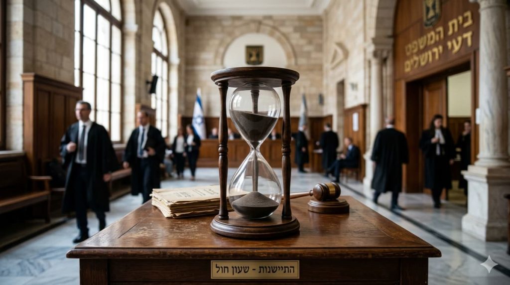 שעון חול גדול מעץ ופטיש שופטים על שולחן בקדמת התמונה, על רקע אולם בית משפט שבו עוברים עורכי דין בגלימות. בחזית השולחן שלט המציין "התיישנות - שעון חול", המסמל את קציבת הזמן להגשת תביעות משפטיות (כמו תביעות רשלנות רפואית המוגבלות ל-7 שנים).